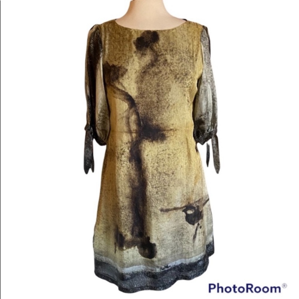 Anthropologie Eva Franko silk abstract print cut out sleeve dress 6